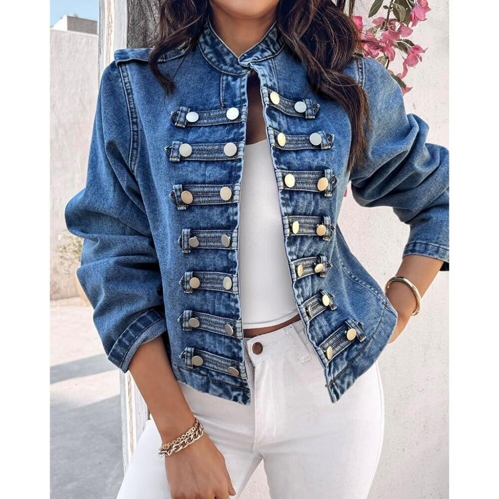 Blue Denim Jacket for Women 2025 Button Up Stand Collar Lightweight Fall Coat - Picture 6 of 7